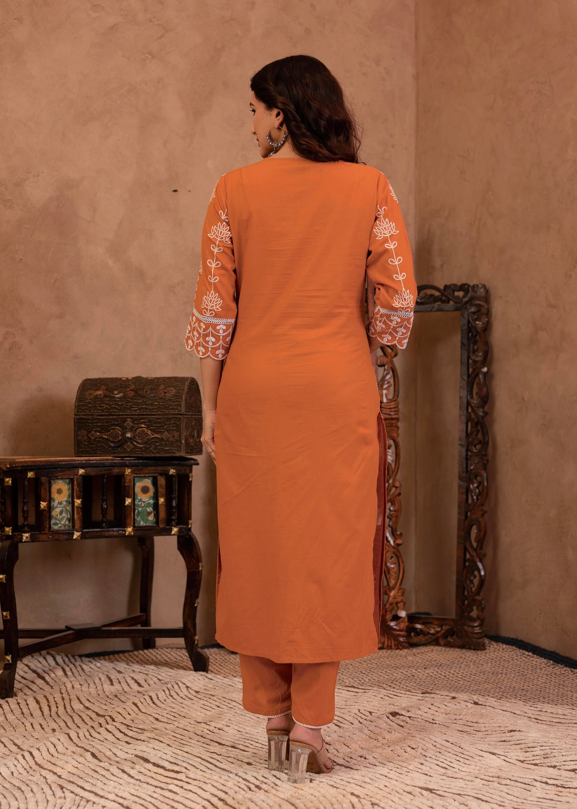 Juniper Rust Embroidered Cotton Kurta with Palazzo & Lace Details - Distacart