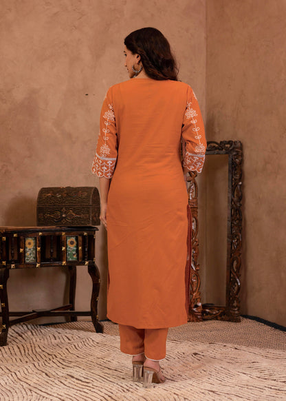 Juniper Rust Embroidered Cotton Kurta with Palazzo & Lace Details - Distacart