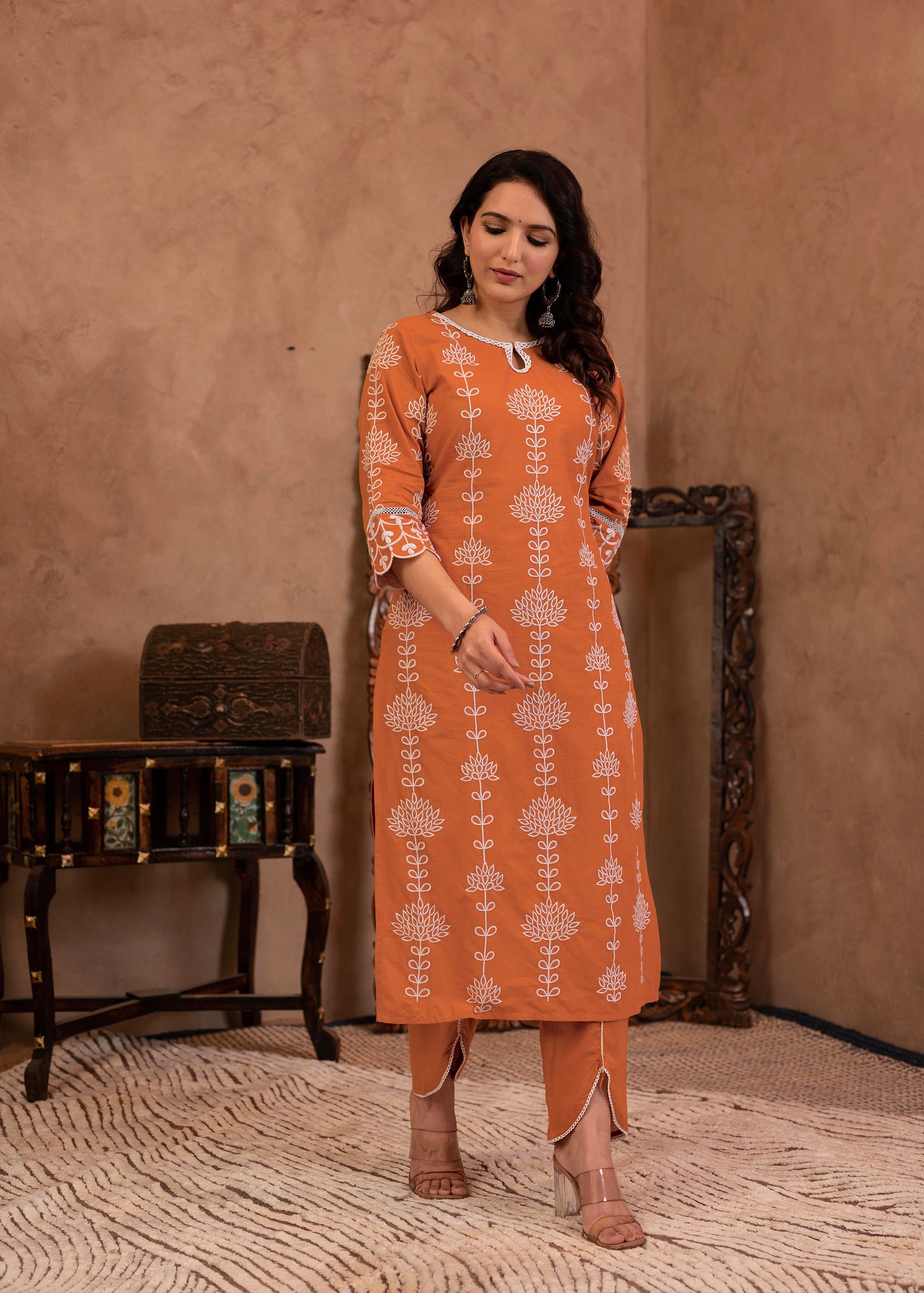 Juniper Rust Embroidered Cotton Kurta with Palazzo & Lace Details - Distacart