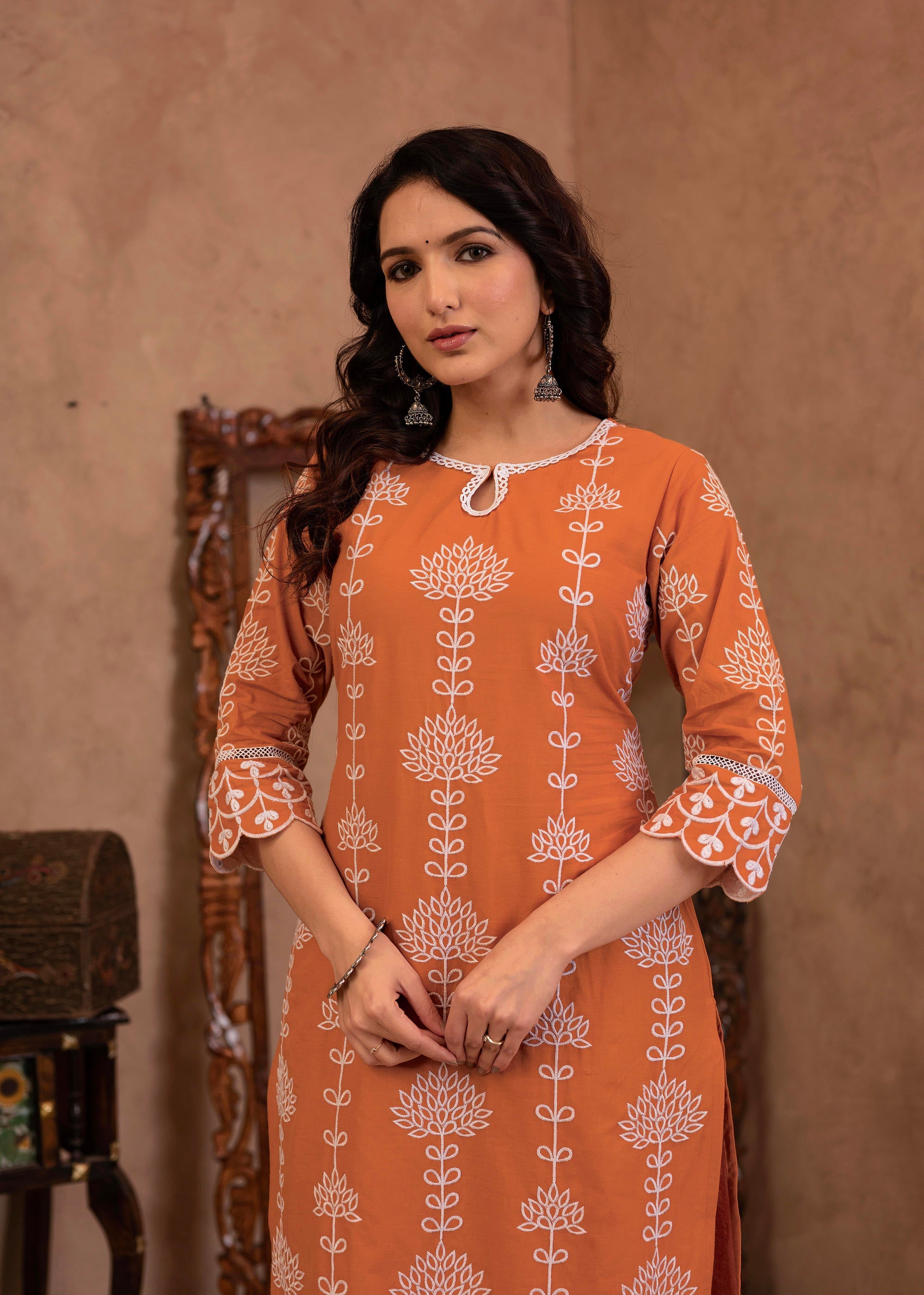 Juniper Rust Embroidered Cotton Kurta with Palazzo & Lace Details - Distacart