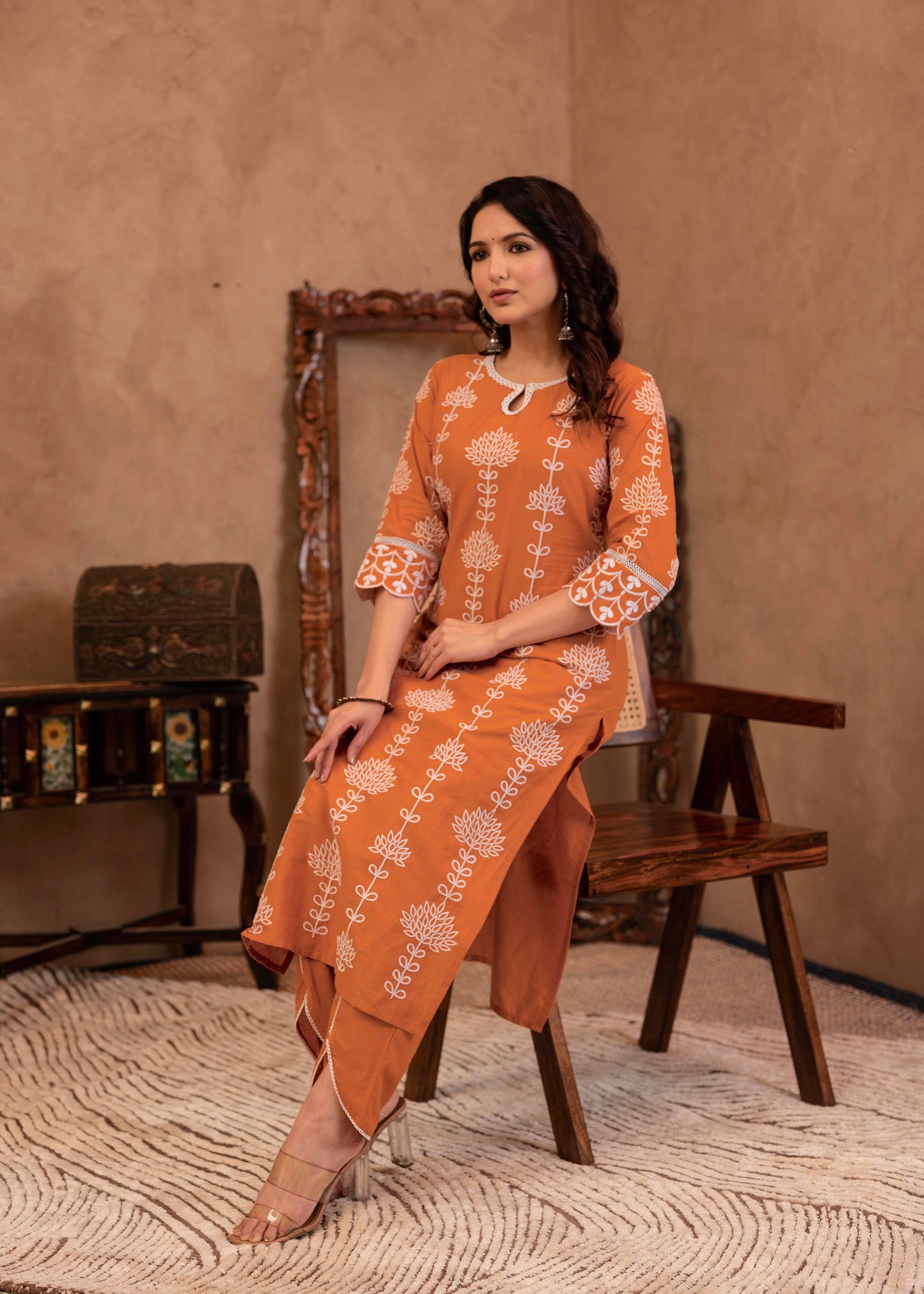 Juniper Rust Embroidered Cotton Kurta with Palazzo & Lace Details - Distacart