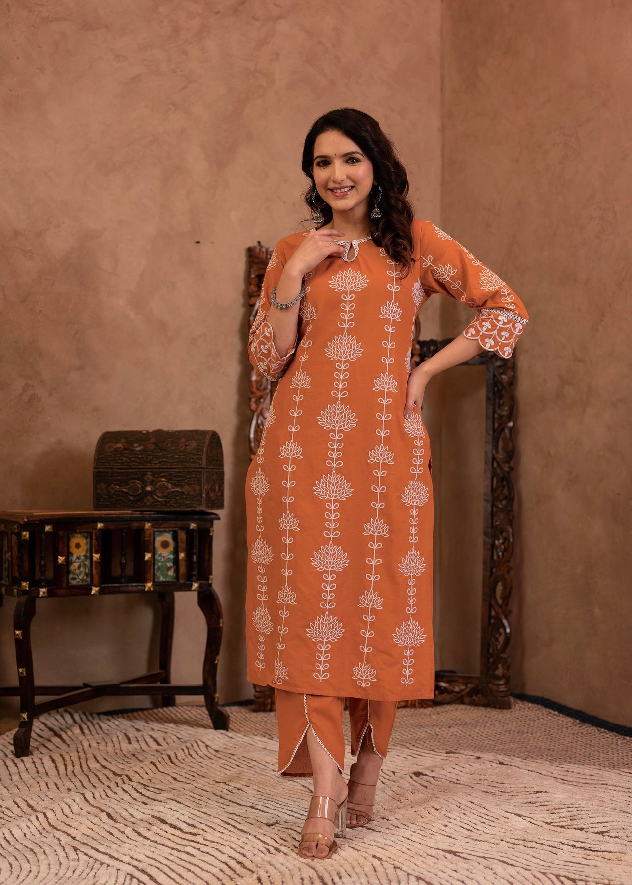 Juniper Rust Embroidered Cotton Kurta with Palazzo & Lace Details