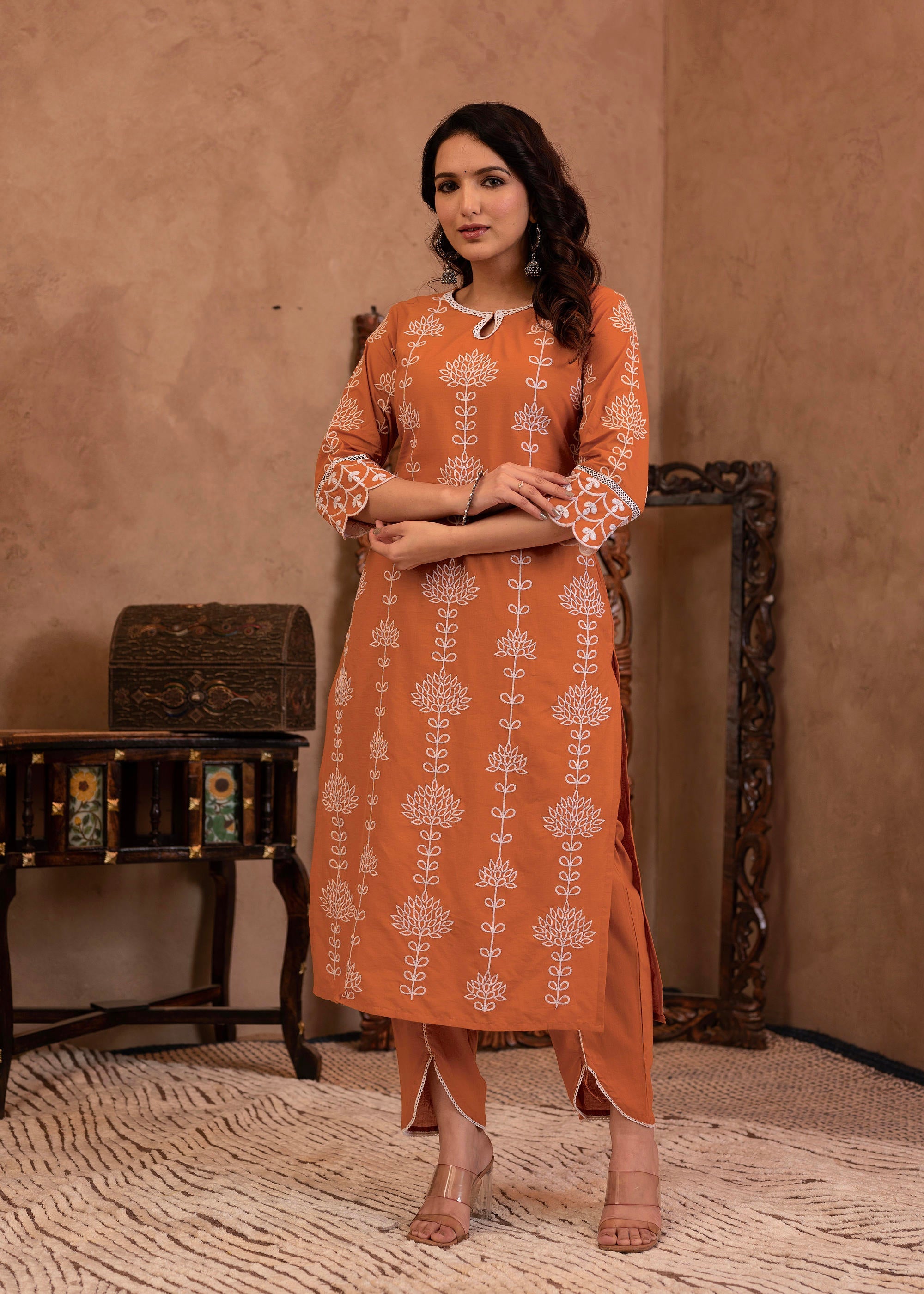 Juniper Rust Embroidered Cotton Kurta with Palazzo & Lace Details - Distacart