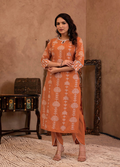 Juniper Rust Embroidered Cotton Kurta with Palazzo & Lace Details - Distacart