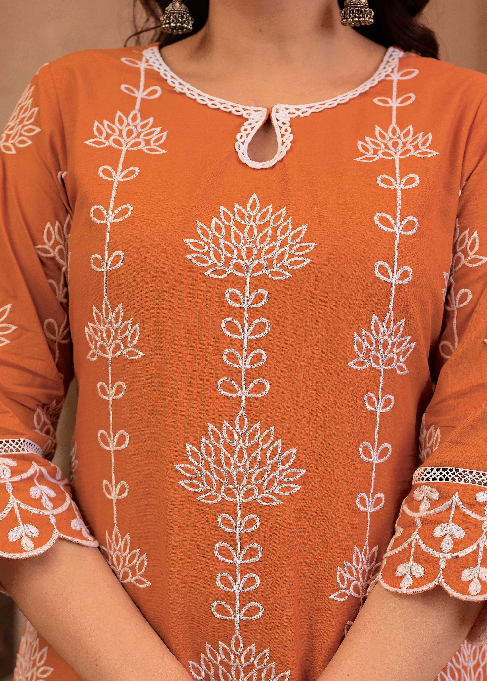 Juniper Rust Embroidered Cotton Kurta with Palazzo & Lace Details - Distacart