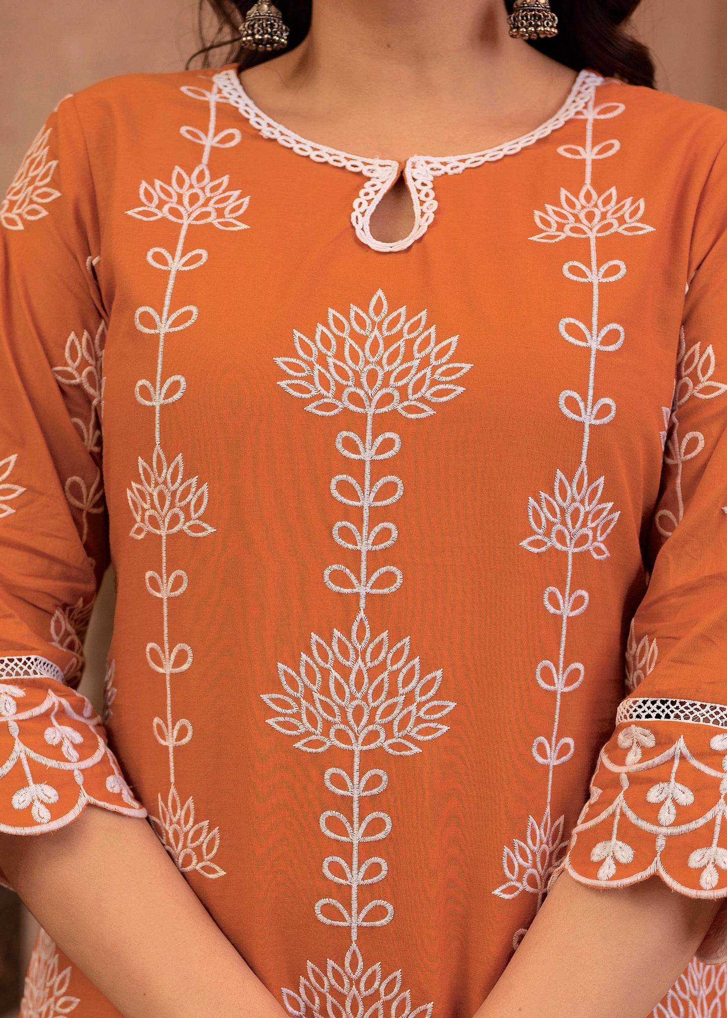Juniper Rust Embroidered Cotton Kurta with Palazzo & Lace Details - Distacart