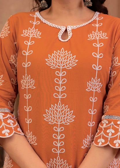 Juniper Rust Embroidered Cotton Kurta with Palazzo & Lace Details - Distacart
