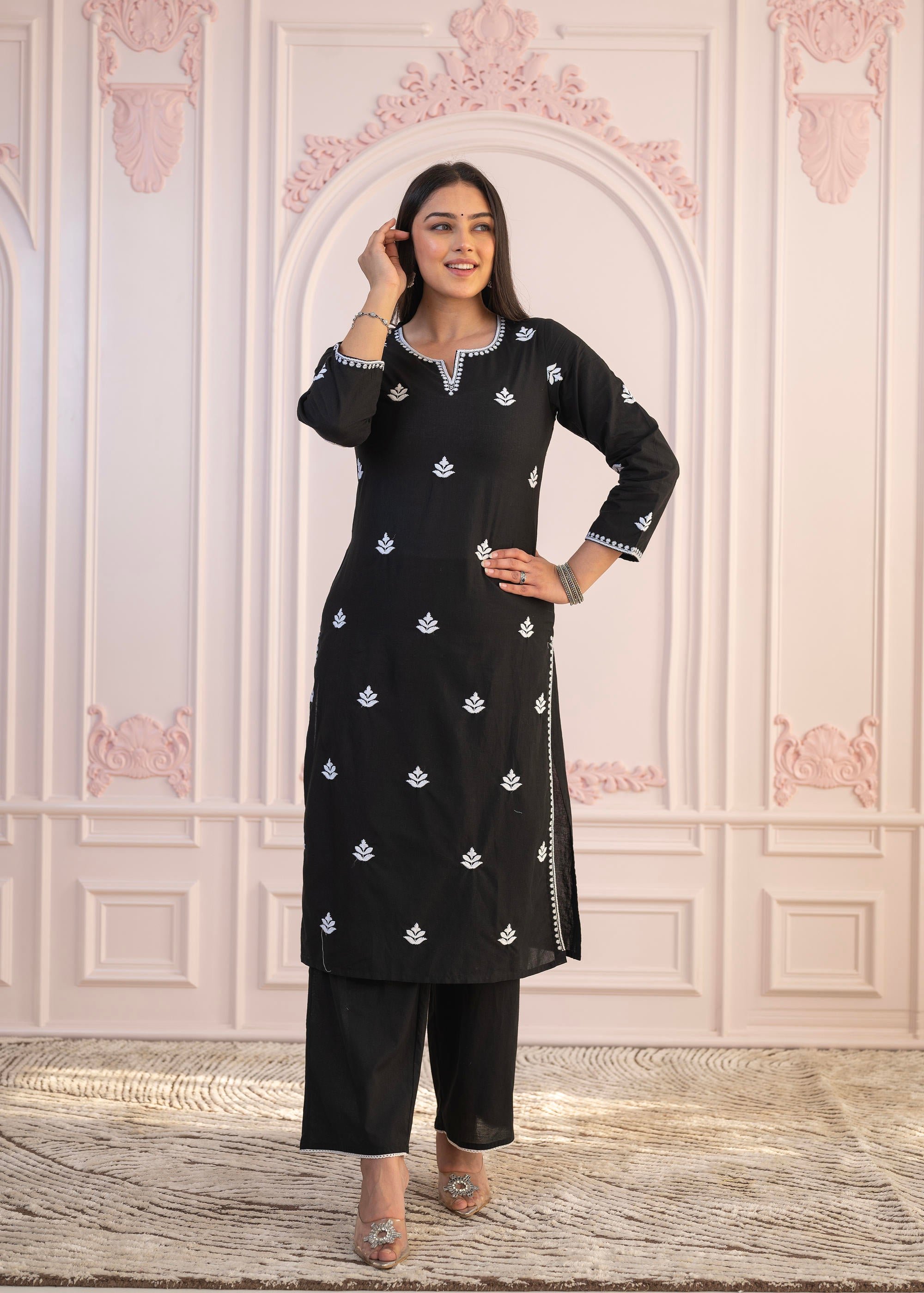 Juniper Black Floral Embroidered Cotton Slub Kurta with Palazzo - Distacart
