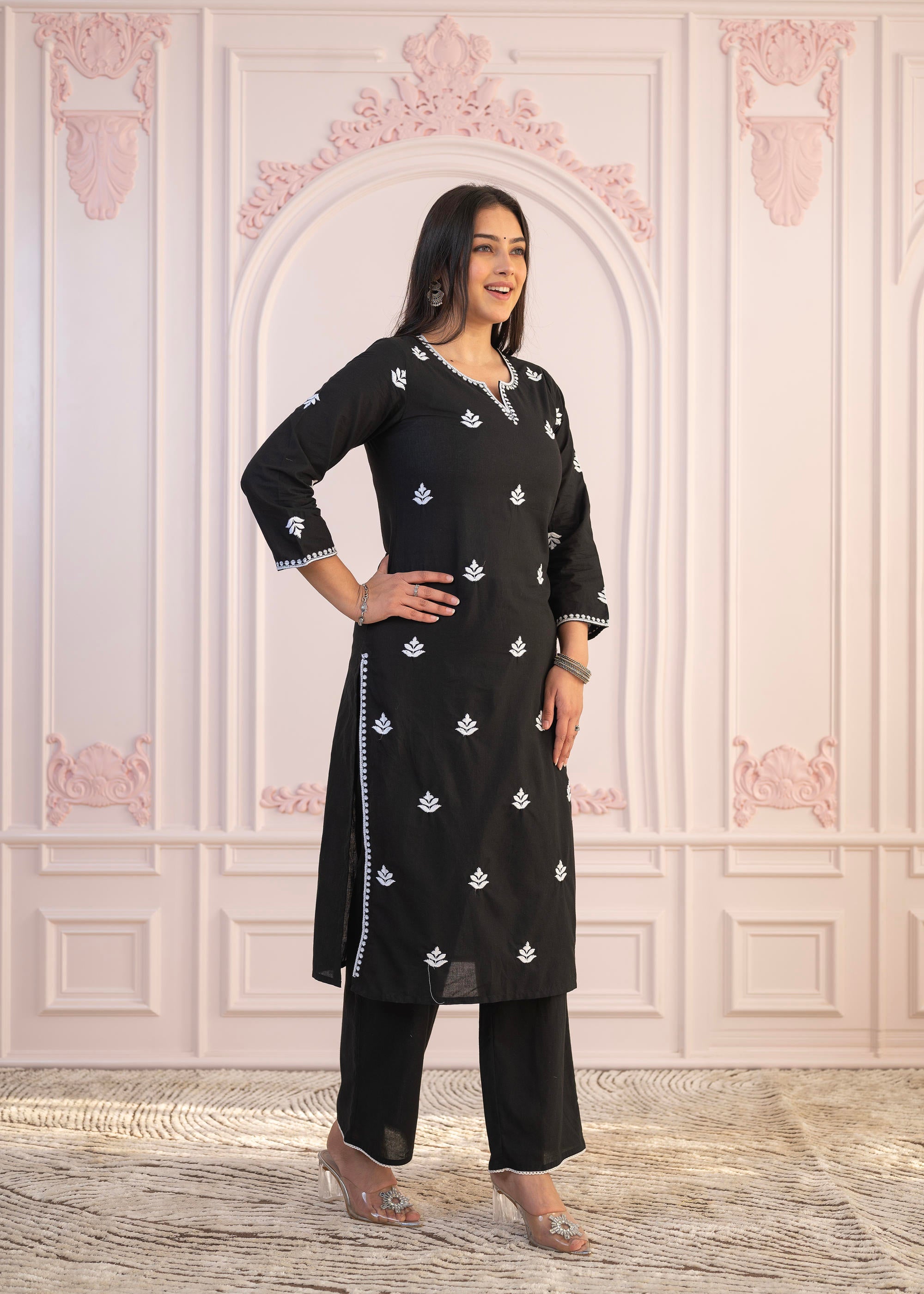 Juniper Black Floral Embroidered Cotton Slub Kurta with Palazzo - Distacart