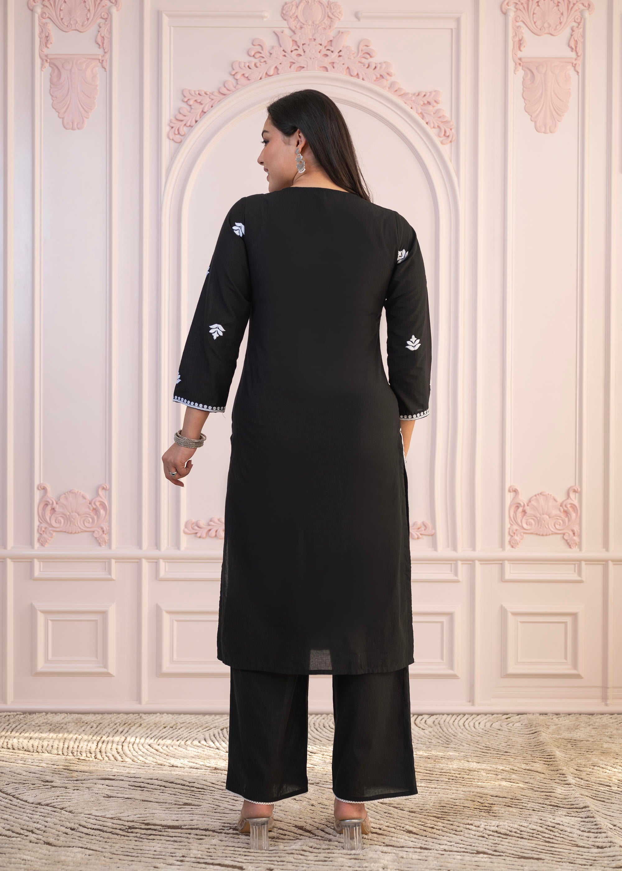 Juniper Black Floral Embroidered Cotton Slub Kurta with Palazzo - Distacart