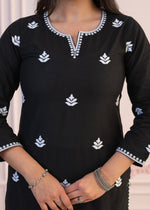Thumbnail for Juniper Black Floral Embroidered Cotton Slub Kurta With Palazzo - Distacart