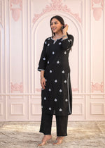 Thumbnail for Juniper Black Floral Embroidered Cotton Slub Kurta with Palazzo - Distacart