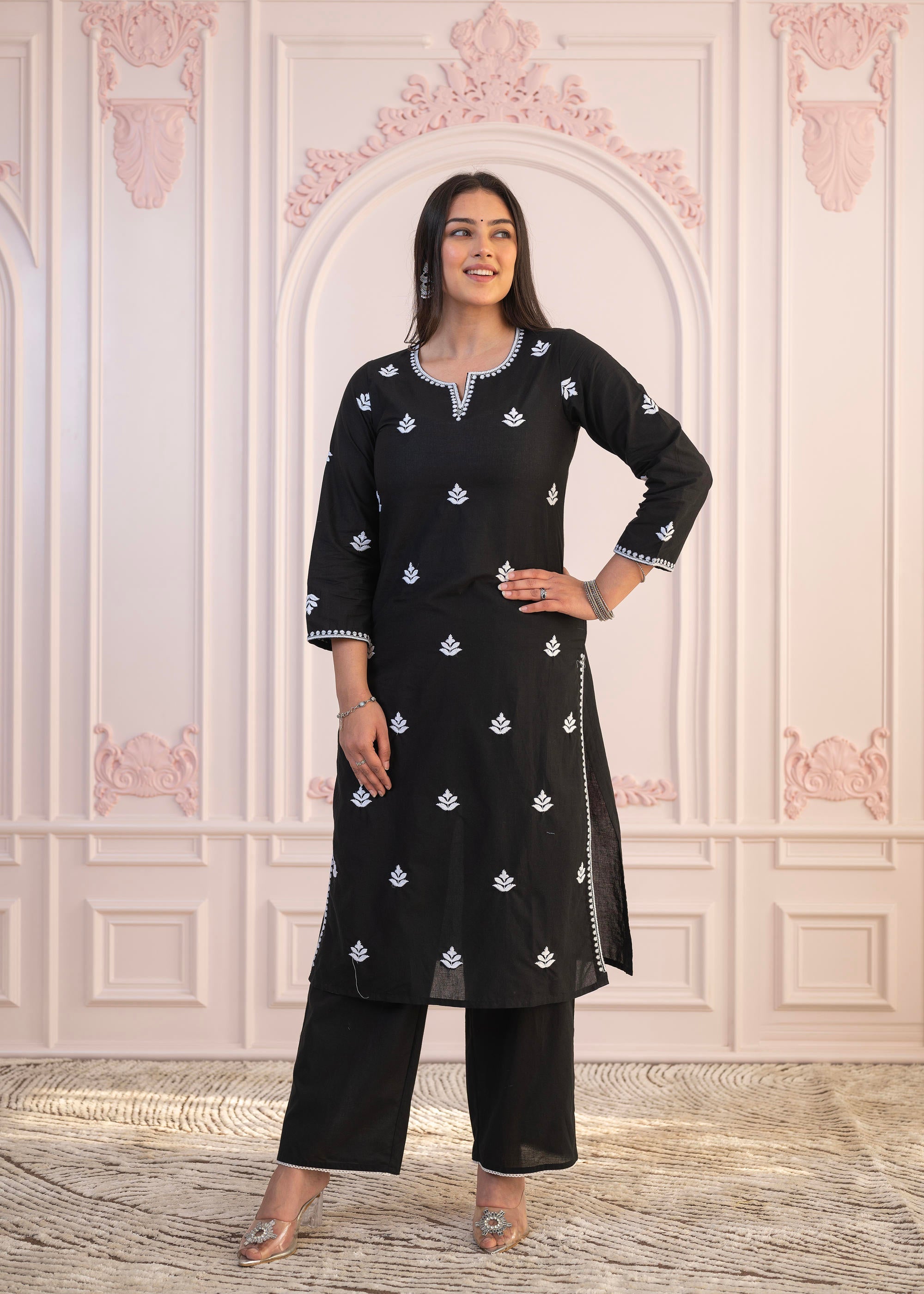 Juniper Black Floral Embroidered Cotton Slub Kurta with Palazzo - Distacart