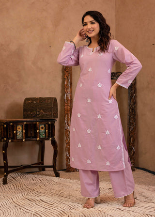 Juniper Lavender Embroidered Cotton Kurta with Palazzo - Distacart