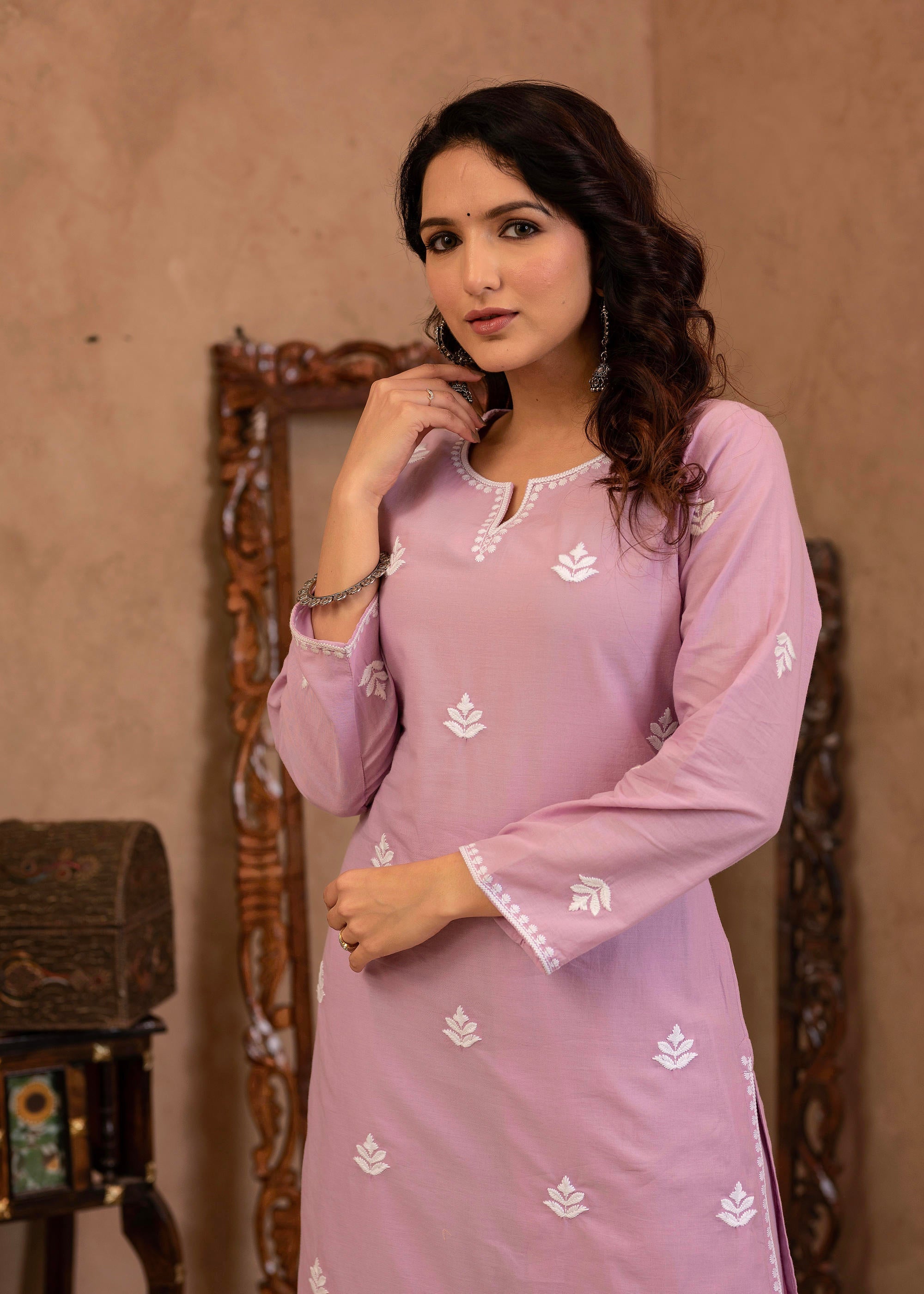 Juniper Lavender Embroidered Cotton Kurta With Palazzo - Distacart