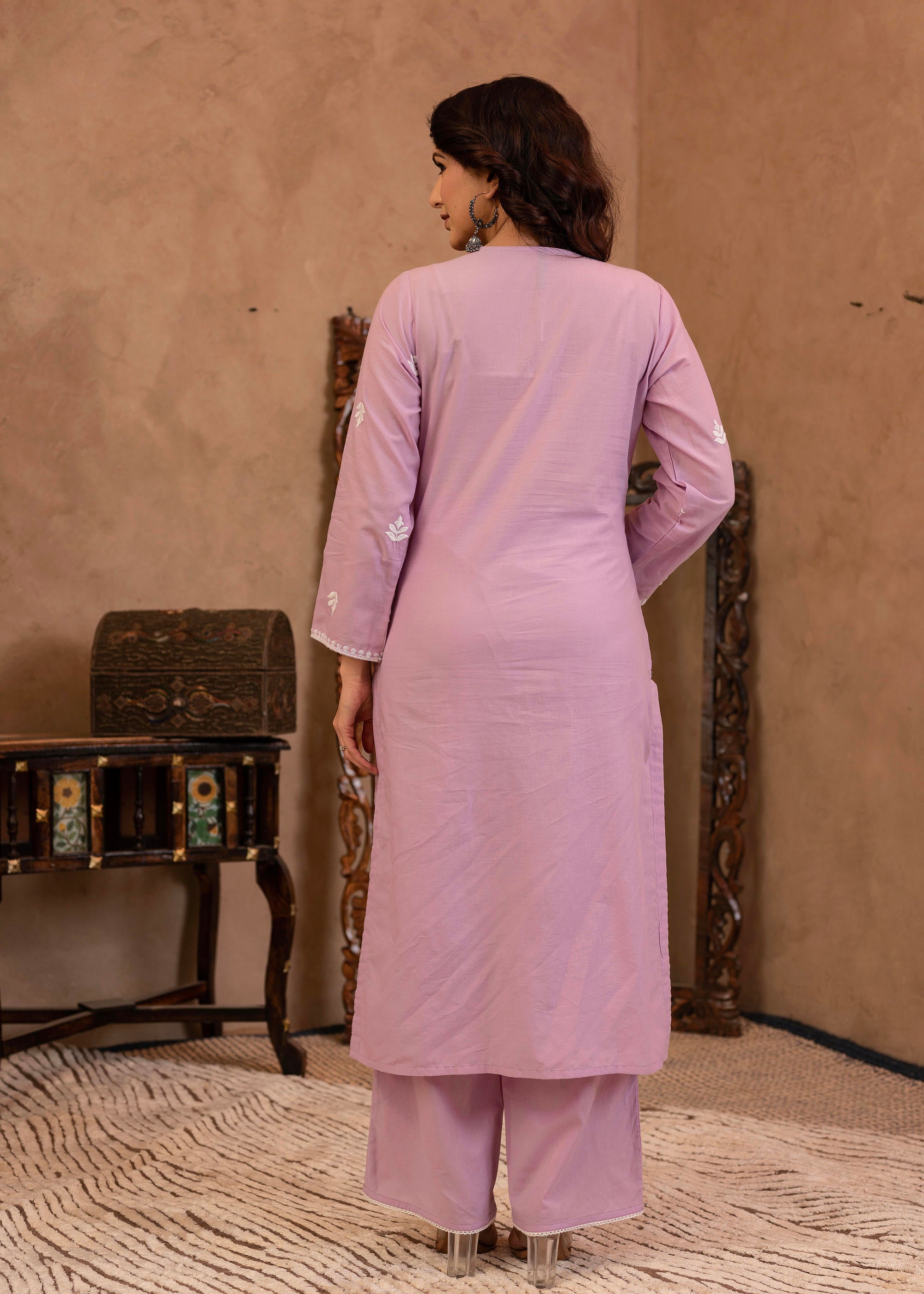 Juniper Lavender Embroidered Cotton Kurta With Palazzo - Distacart