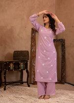Thumbnail for Juniper Lavender Embroidered Cotton Kurta with Palazzo - Distacart