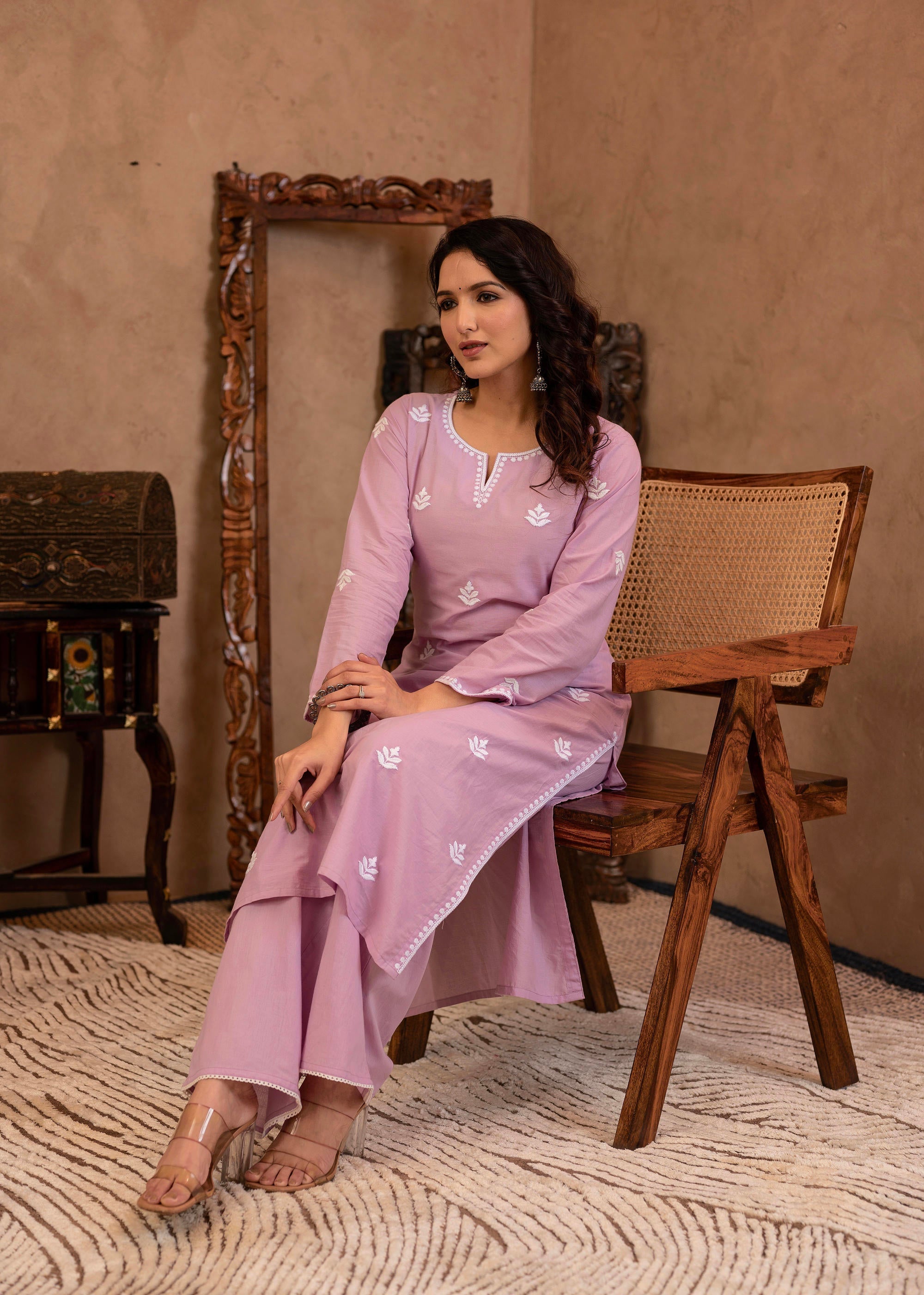 Juniper Lavender Embroidered Cotton Kurta with Palazzo - Distacart