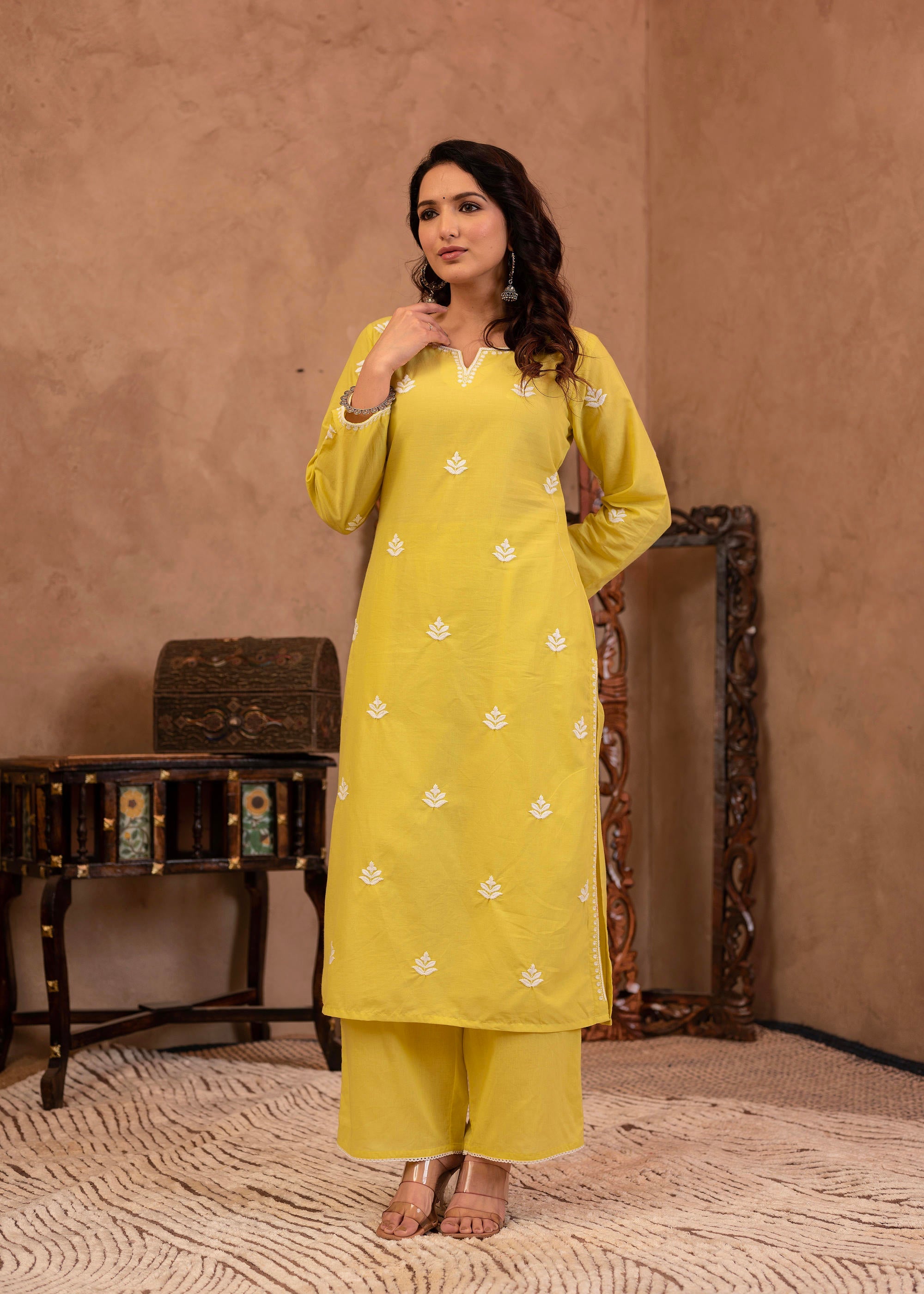 Juniper Lime Yellow Floral Embroidered Cotton Kurta with Palazzo & Lace Work - Distacart