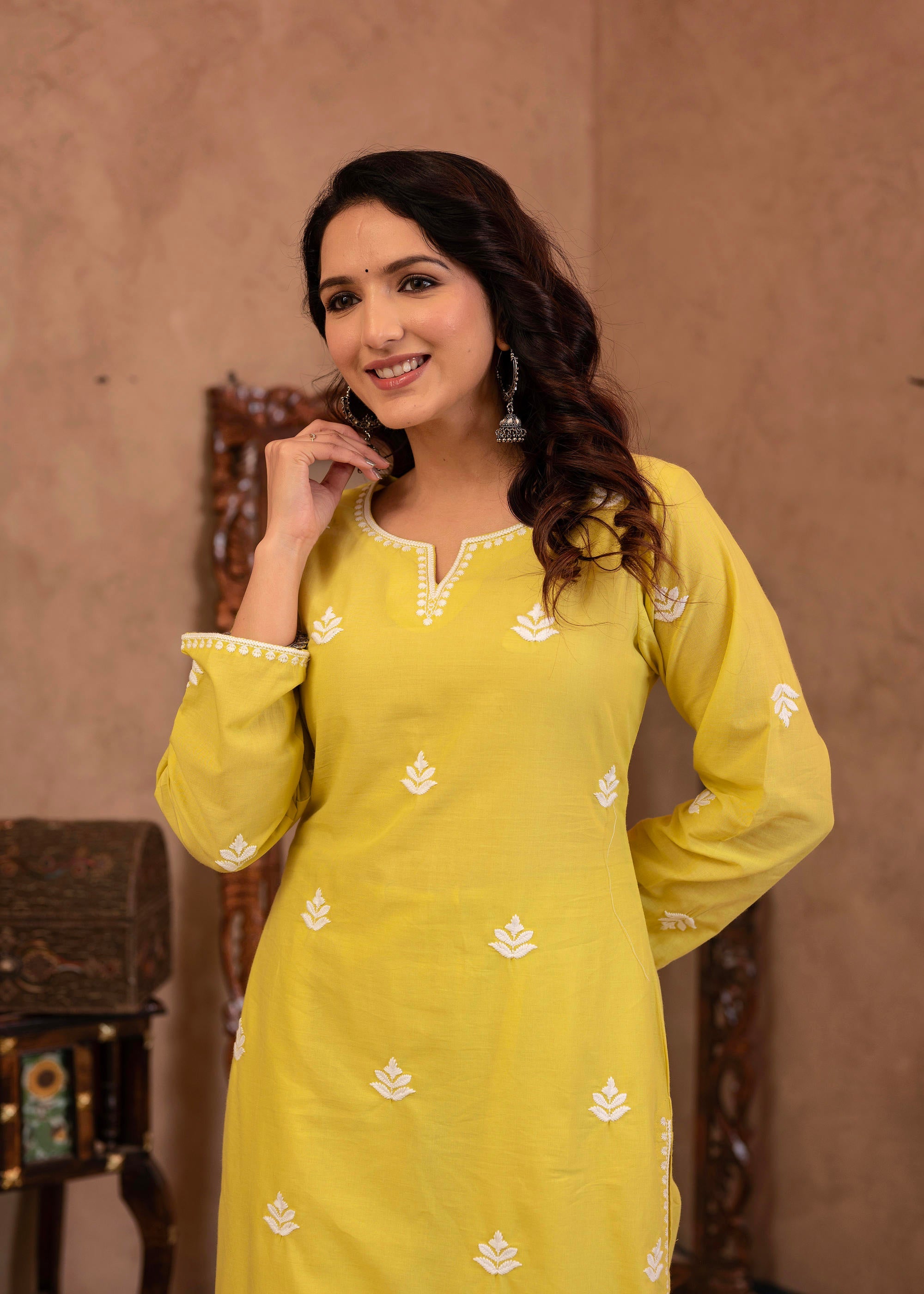 Juniper Lime Yellow Floral Embroidered Cotton Kurta with Palazzo & Lace Work - Distacart