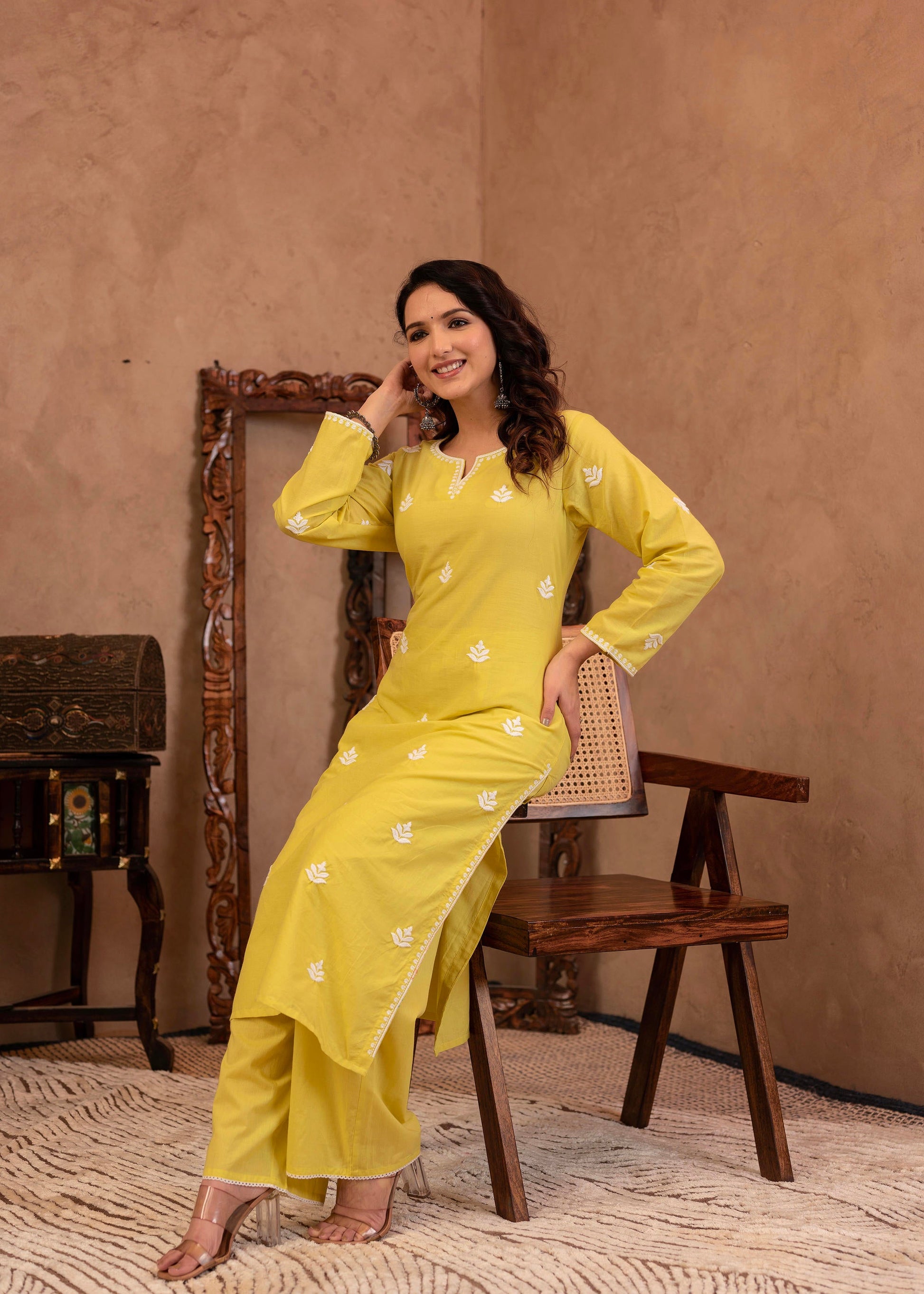 Juniper Lime Yellow Floral Embroidered Cotton Kurta with Palazzo & Lace Work - Distacart