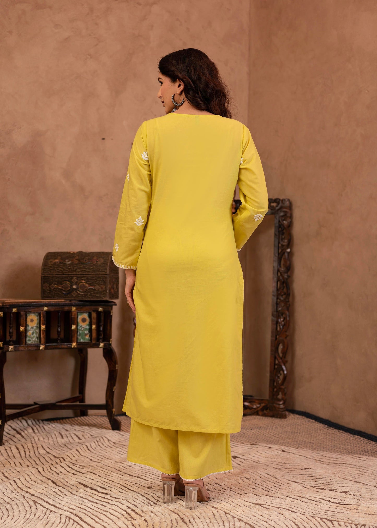 Juniper Lime Yellow Floral Embroidered Cotton Kurta with Palazzo & Lace Work - Distacart