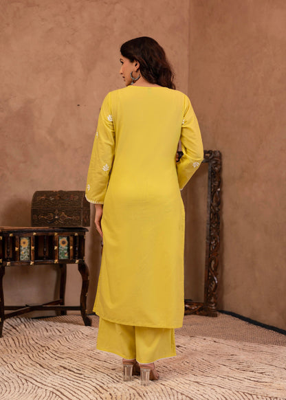 Juniper Lime Yellow Floral Embroidered Cotton Kurta with Palazzo & Lace Work - Distacart