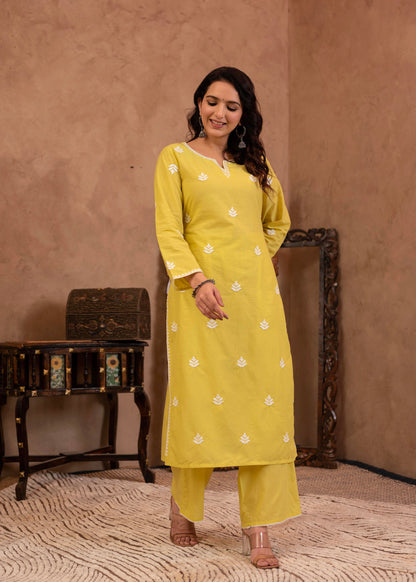 Juniper Lime Yellow Floral Embroidered Cotton Kurta with Palazzo & Lace Work - Distacart