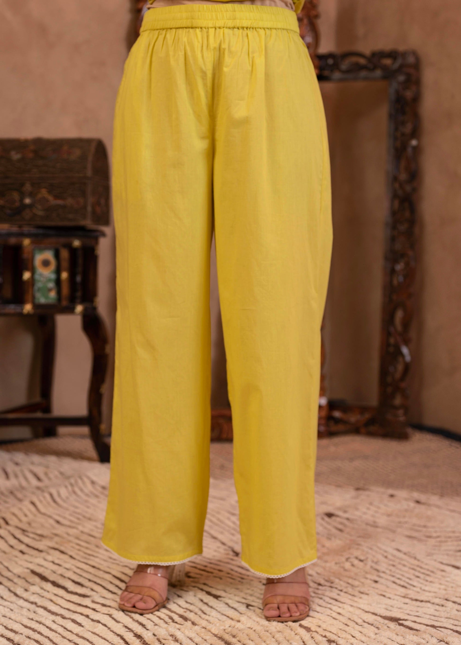 Juniper Lime Yellow Floral Embroidered Cotton Kurta with Palazzo & Lace Work - Distacart