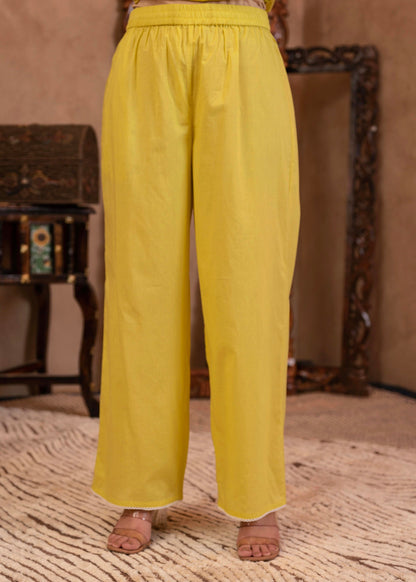Juniper Lime Yellow Floral Embroidered Cotton Kurta with Palazzo & Lace Work - Distacart