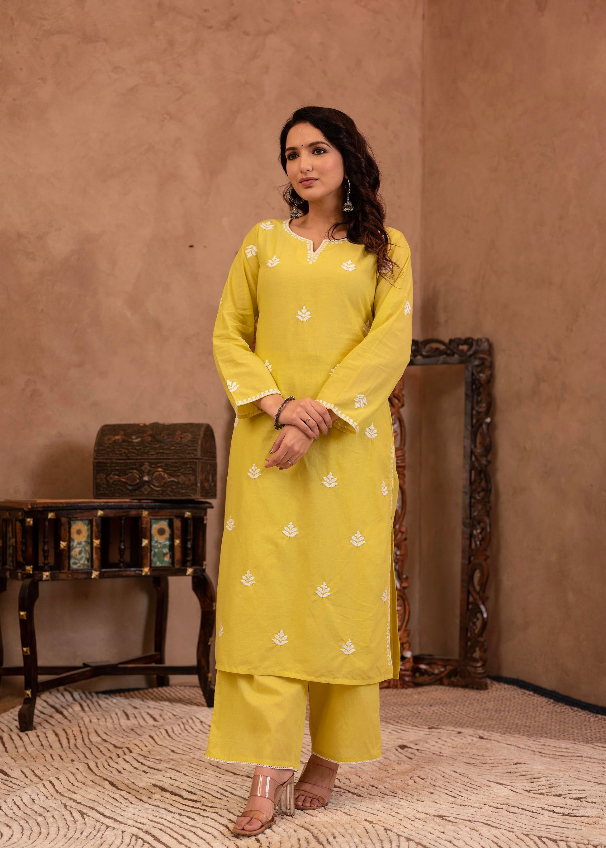 Juniper Lime Yellow Floral Embroidered Cotton Kurta with Palazzo & Lace Work - Distacart