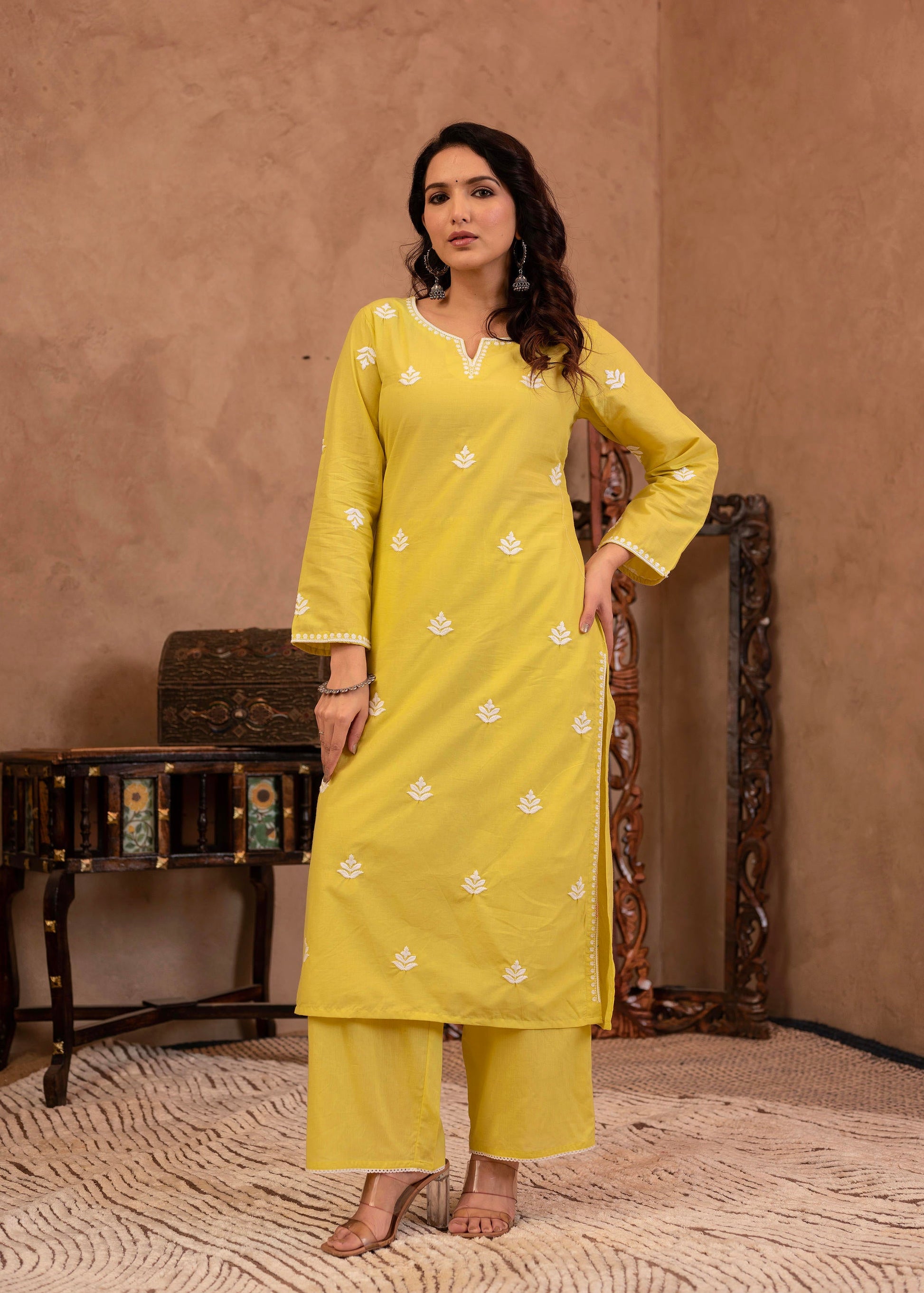 Juniper Lime Yellow Floral Embroidered Cotton Kurta with Palazzo & Lace Work - Distacart