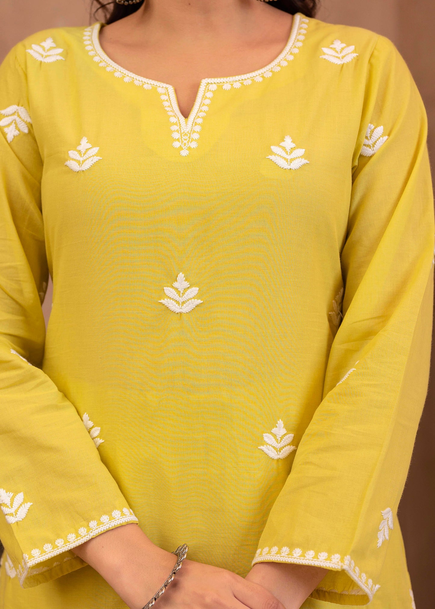 Juniper Lime Yellow Floral Embroidered Cotton Kurta with Palazzo & Lace Work - Distacart
