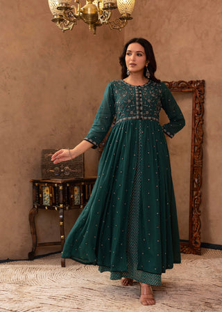 Juniper Green Floral Embroidered Cotton Dress With Button Details
