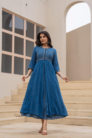 Juniper Indigo Floral Embroidered Cotton Dress with Button Closure & Cotton Lace - Distacart