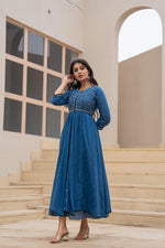 Thumbnail for Juniper Indigo Floral Embroidered Cotton Dress with Button Closure & Cotton Lace - Distacart