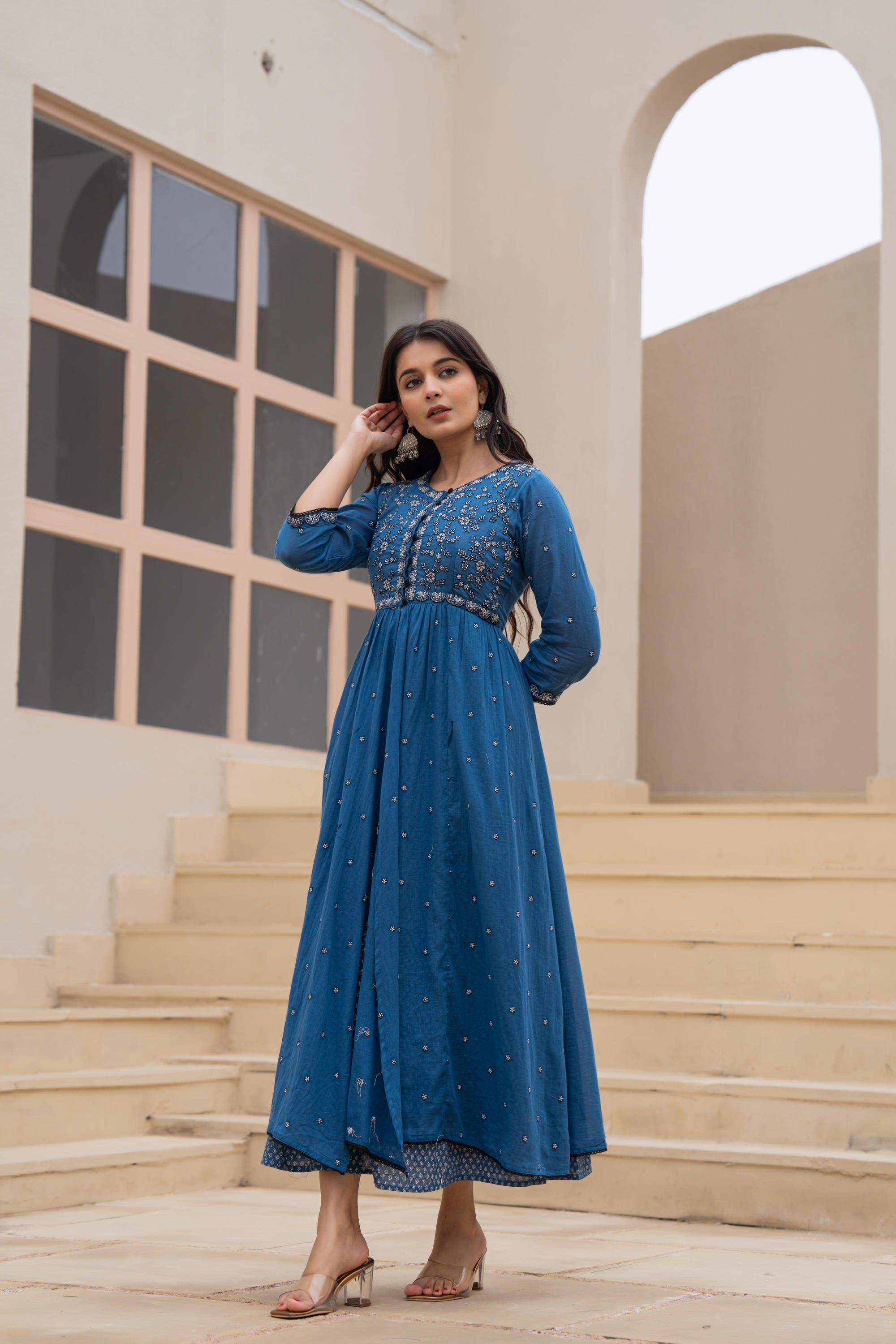 Juniper Indigo Floral Embroidered Cotton Dress With Button Closure & Cotton Lace - Distacart