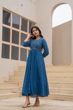 Thumbnail for Juniper Indigo Floral Embroidered Cotton Dress With Button Closure & Cotton Lace - Distacart