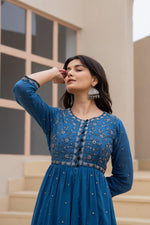 Thumbnail for Juniper Indigo Floral Embroidered Cotton Dress with Button Closure & Cotton Lace - Distacart