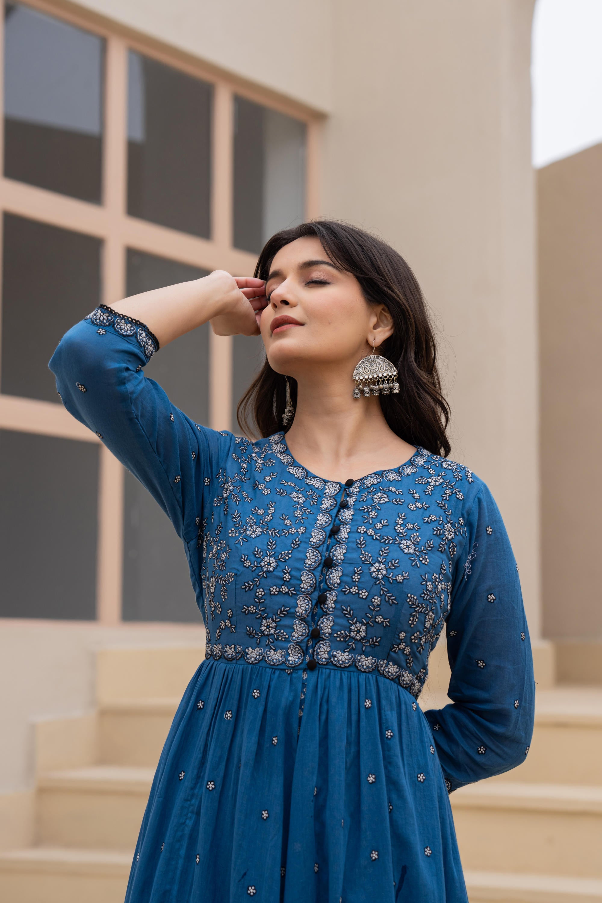 Juniper Indigo Floral Embroidered Cotton Dress With Button Closure & Cotton Lace - Distacart