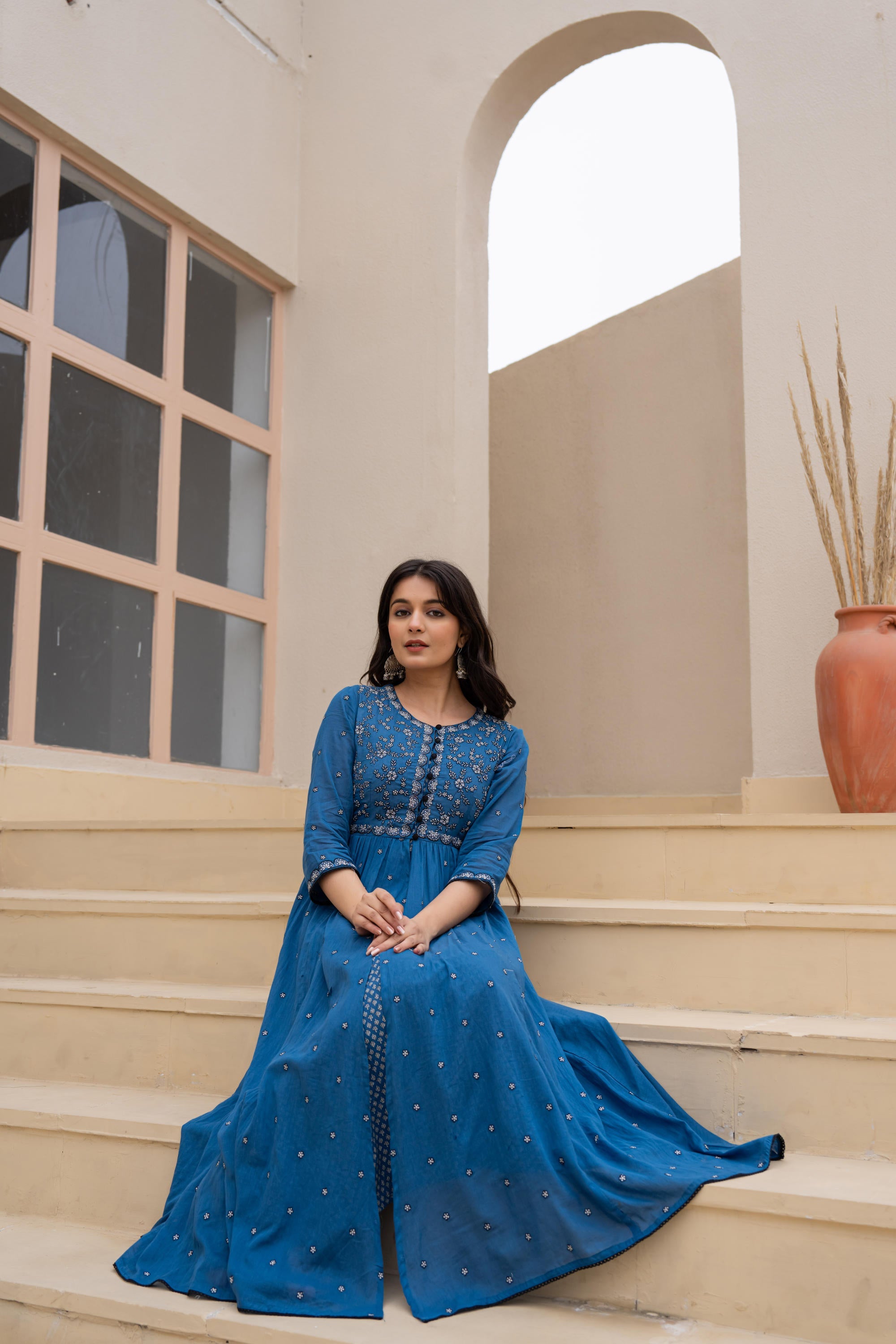 Juniper Indigo Floral Embroidered Cotton Dress With Button Closure & Cotton Lace - Distacart