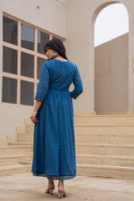 Thumbnail for Juniper Indigo Floral Embroidered Cotton Dress with Button Closure & Cotton Lace - Distacart