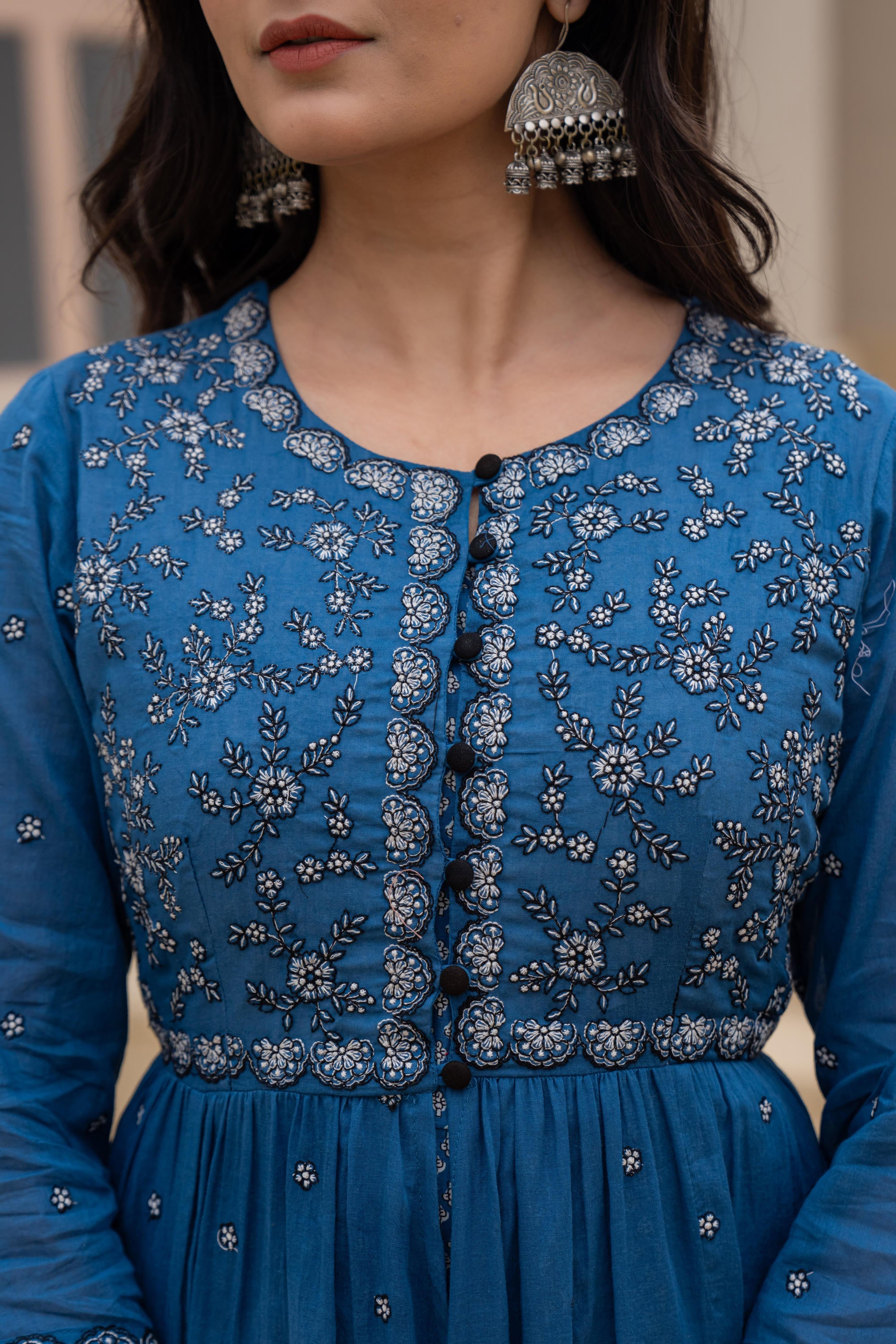 Juniper Indigo Floral Embroidered Cotton Dress with Button Closure & Cotton Lace - Distacart