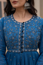 Thumbnail for Juniper Indigo Floral Embroidered Cotton Dress with Button Closure & Cotton Lace - Distacart
