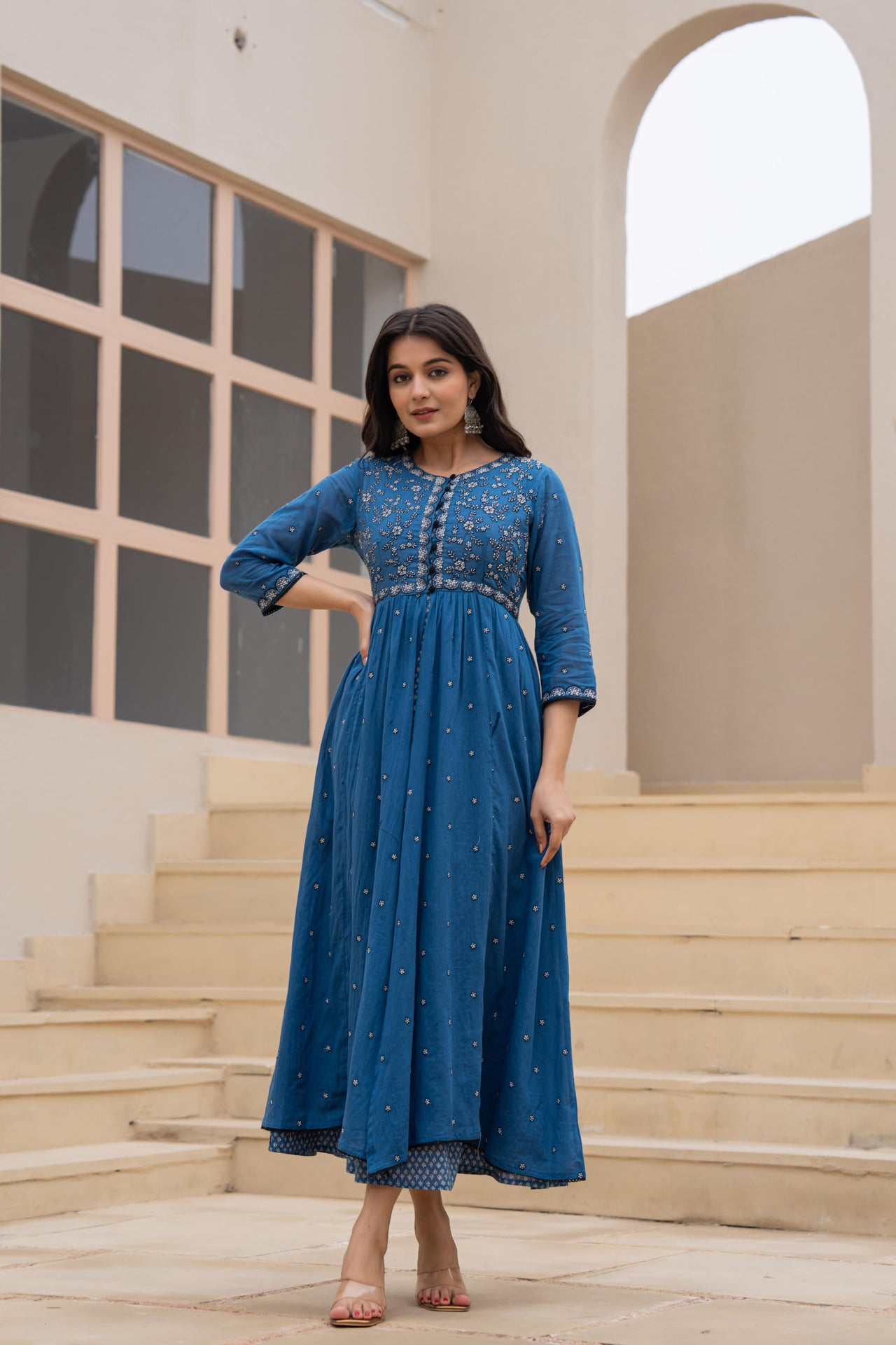 Juniper Indigo Floral Embroidered Cotton Dress with Button Closure & Cotton Lace