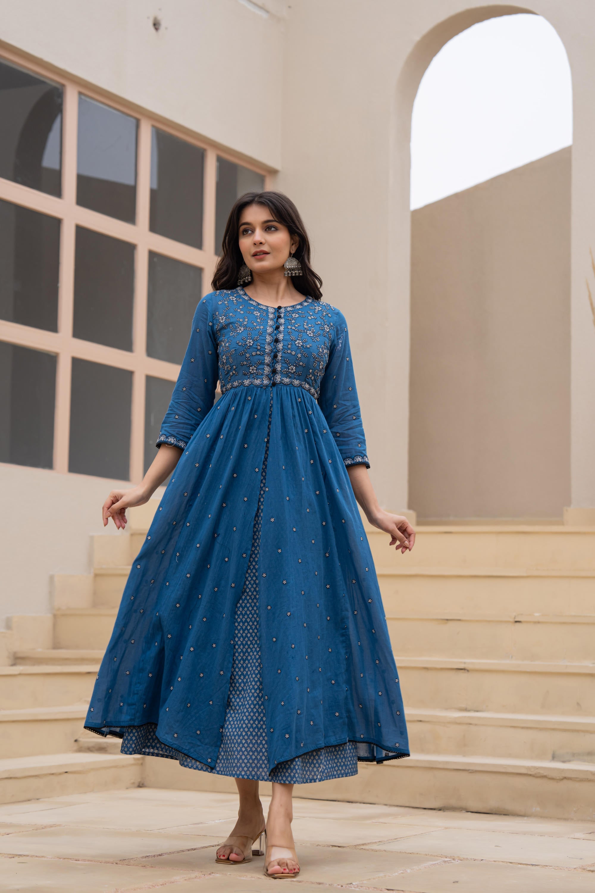 Juniper Indigo Floral Embroidered Cotton Dress with Button Closure & Cotton Lace - Distacart