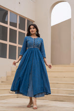 Thumbnail for Juniper Indigo Floral Embroidered Cotton Dress with Button Closure & Cotton Lace - Distacart