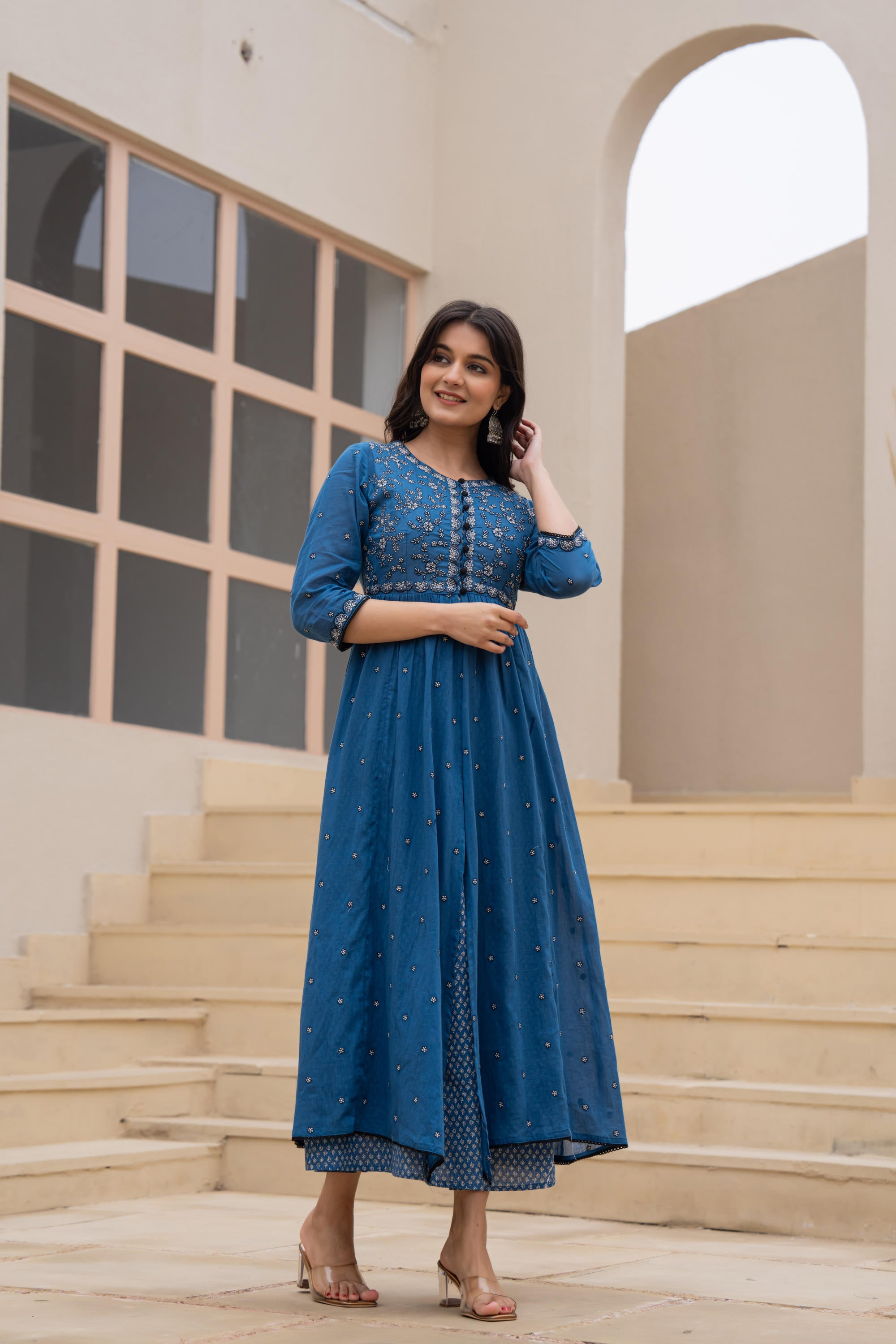 Juniper Indigo Floral Embroidered Cotton Dress with Button Closure & Cotton Lace - Distacart