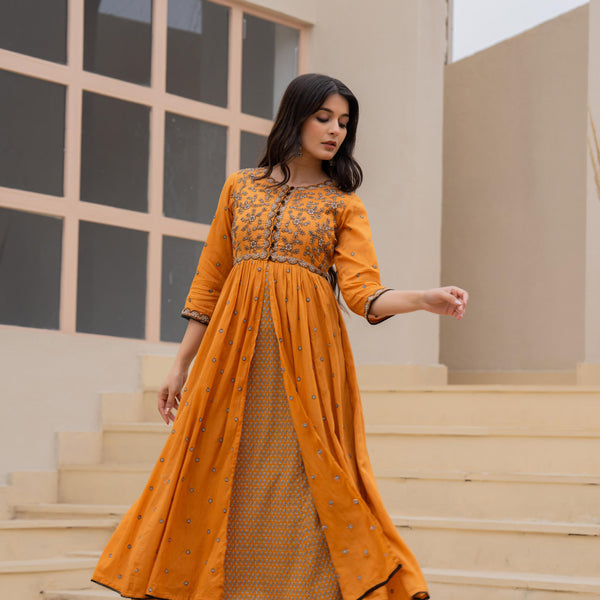 Juniper Mustard Floral Embroidered Cotton Dress With Button Closure & Cotton Lace