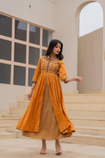 Thumbnail for Juniper Mustard Floral Embroidered Cotton Dress With Button Closure & Cotton Lace